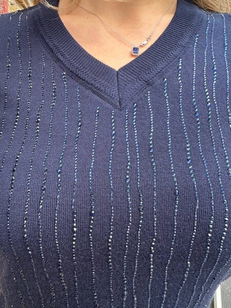 Knitted Sweater Striped Stone Embellished Navy Blue - 31500 | KAZEE (3-Piece Set L-XL-2XL) - 4
