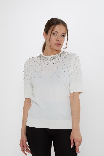 Knitted Sweater Beaded Embellished Ecru - 31805 | KAZEE (3-Piece Set S-M-L) - 2