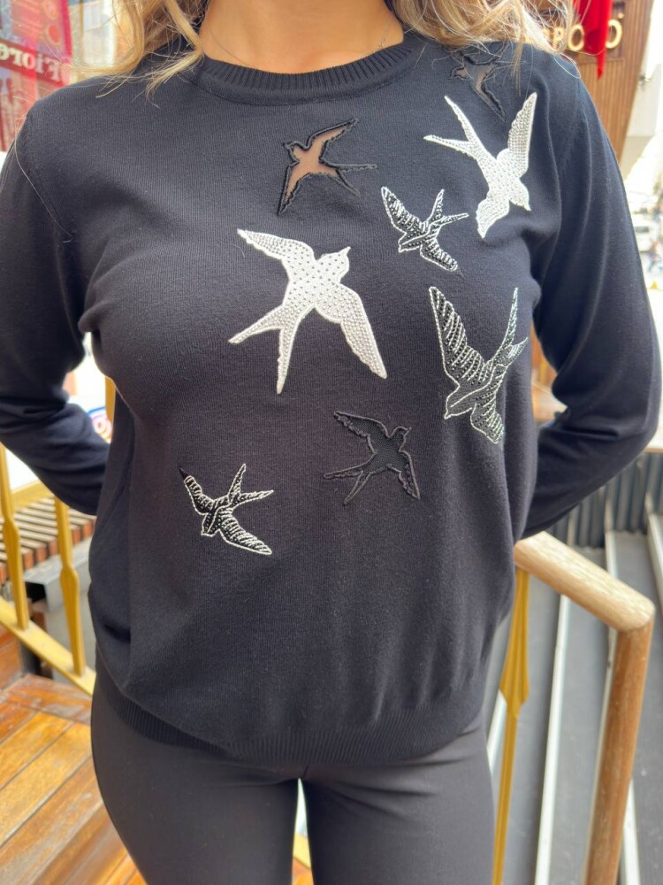 Knitted Sweater Bird Pattern Black - 31064 | KAZEE (3-Piece Set M-L-XL) - 5
