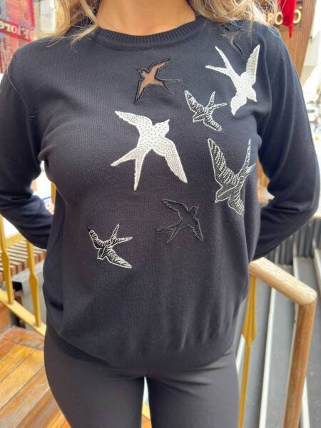 Knitted Sweater Bird Pattern Black - 31064 | KAZEE (3-Piece Set M-L-XL) - 5