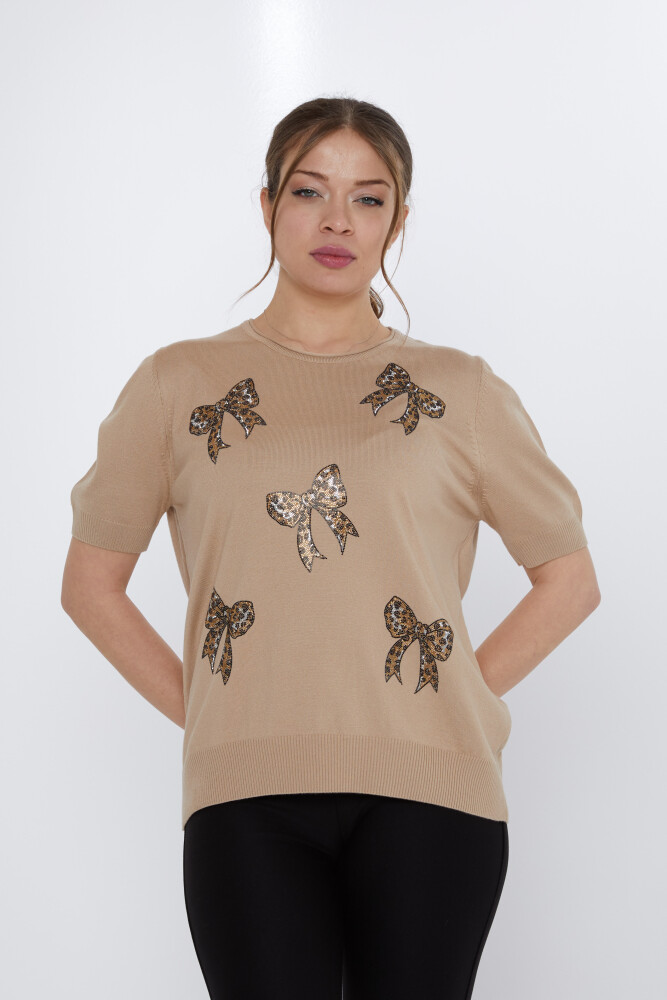 Knitted Sweater Bow Stone Embroidered Beige - 31577 | KAZEE (Set of 3 XL-2XL-3XL) - 2