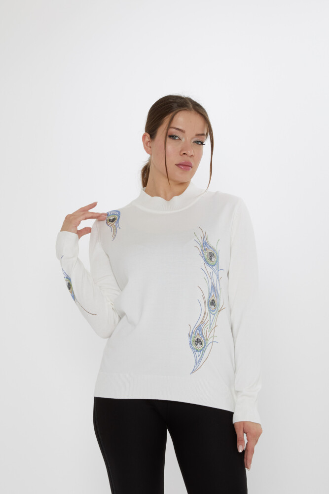 Knitted Sweater - Colorful Stone Embellished - Ecru - 31775 | KAZEE (3-Piece Set L-XL-2XL) - 1