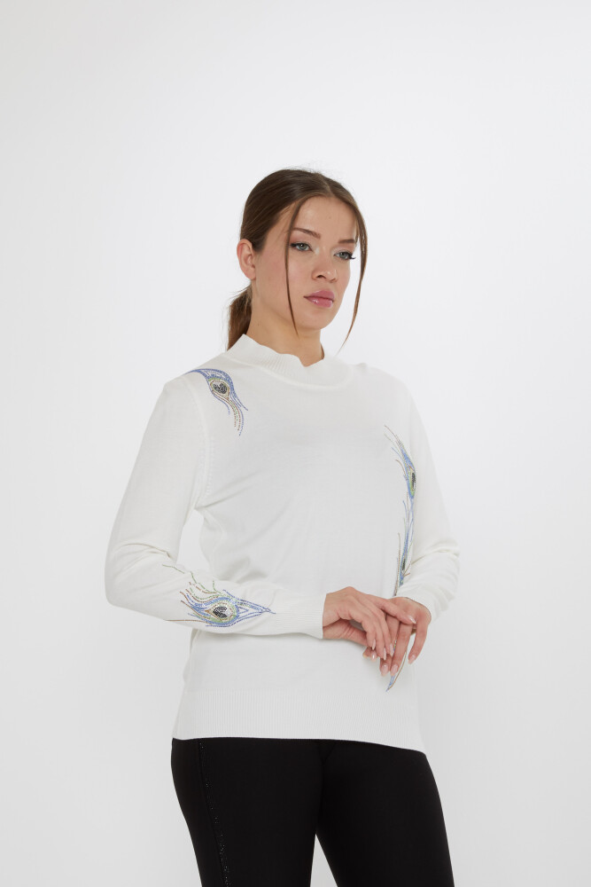 Knitted Sweater - Colorful Stone Embellished - Ecru - 31775 | KAZEE (3-Piece Set L-XL-2XL) - 2