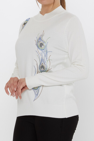 Knitted Sweater - Colorful Stone Embellished - Ecru - 31775 | KAZEE (3-Piece Set L-XL-2XL) - 4