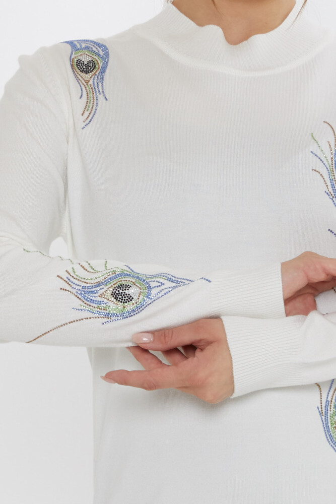 Knitted Sweater - Colorful Stone Embellished - Ecru - 31775 | KAZEE (3-Piece Set L-XL-2XL) - 6