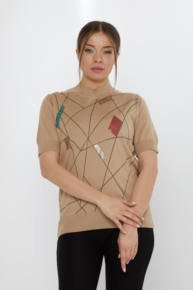 Knitted Sweater Colorful Stone Embroidered Beige - 30078 | KAZEE (Set of 4 L-XL-2XL-3XL) - 1