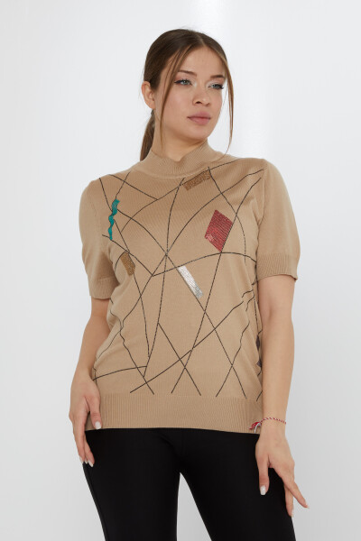 Knitted Sweater Colorful Stone Embroidered Beige - 30078 | KAZEE (Set of 4 L-XL-2XL-3XL) - 2