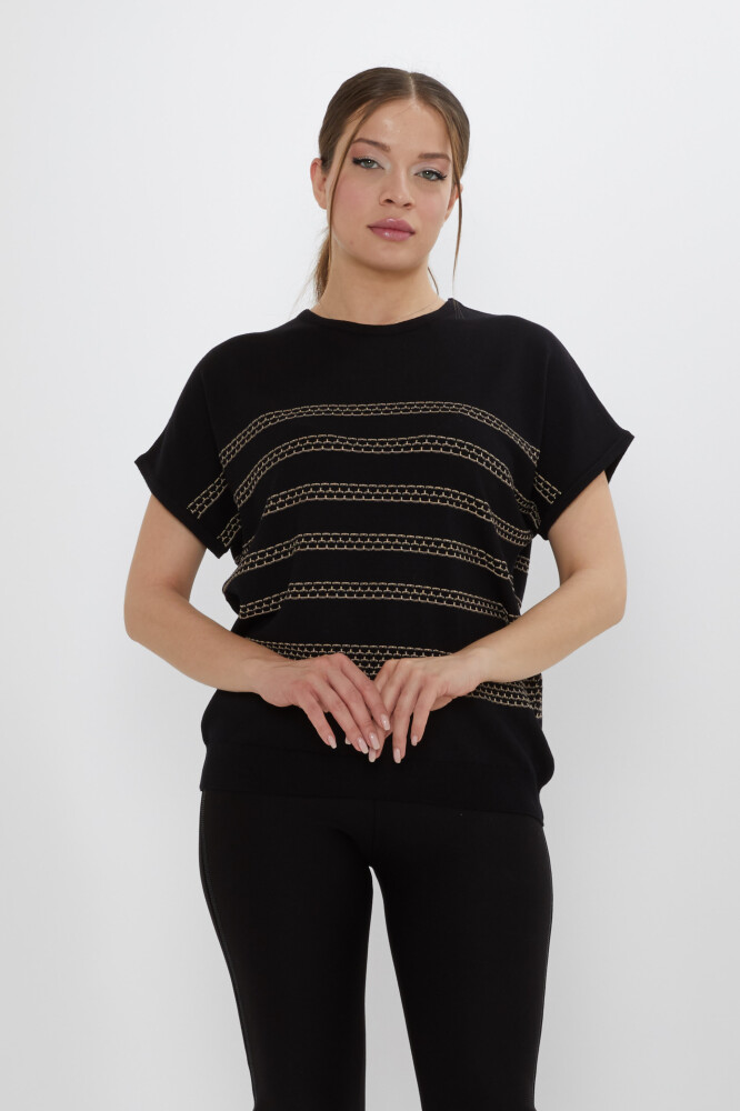 Knitted Sweater - Embroidered - Black-Beige - 31707 | KAZEE (3-Piece Set M-L-XL) - 1