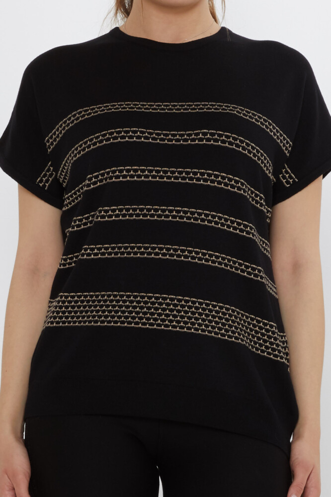 Knitted Sweater - Embroidered - Black-Beige - 31707 | KAZEE (3-Piece Set M-L-XL) - 3