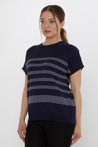 Embroidered Knitted Sweater Navy Blue-Ecru - 31707 | KAZEE (3-Piece Set M-L-XL) - 2