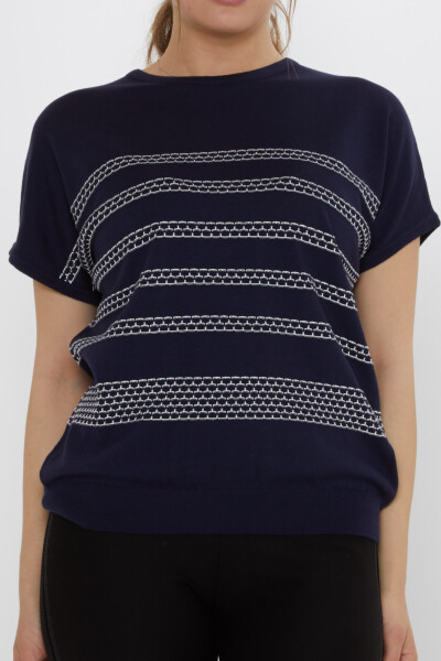 Embroidered Knitted Sweater Navy Blue-Ecru - 31707 | KAZEE (3-Piece Set M-L-XL) - 3