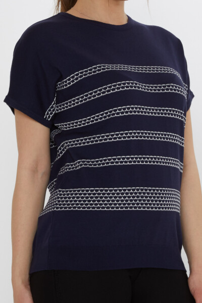 Embroidered Knitted Sweater Navy Blue-Ecru - 31707 | KAZEE (3-Piece Set M-L-XL) - 4