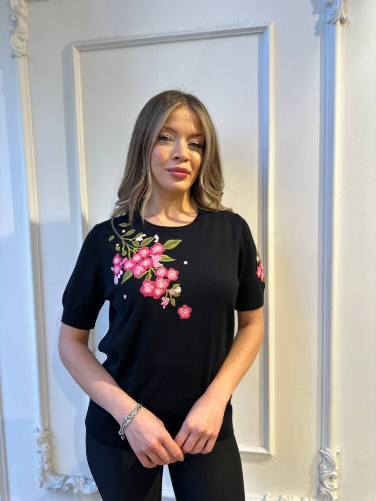 Knitted Sweater with Floral Embroidery Black - 32040 | KAZEE (3-Piece Set M-L-XL) - 1