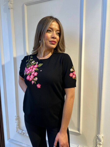 Knitted Sweater with Floral Embroidery Black - 32040 | KAZEE (3-Piece Set M-L-XL) - 2