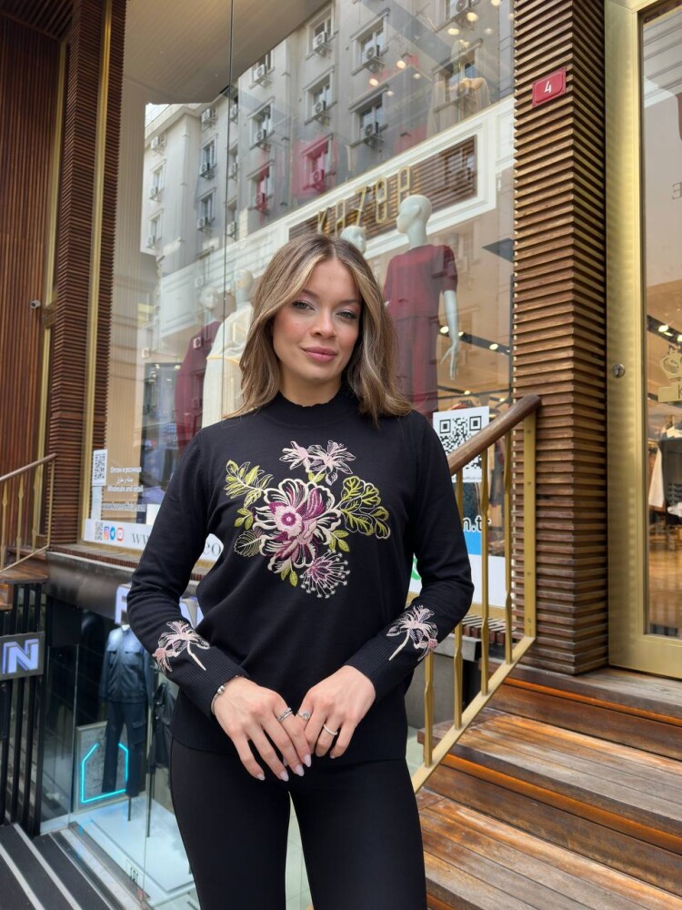 Knitted Sweater Floral Embroidery, Black - 32088 | KAZEE (3-Piece Set M-L-XL) - 1