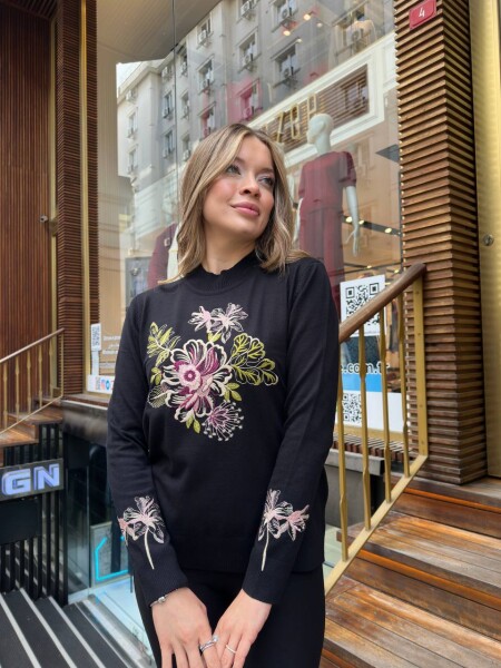 Knitted Sweater Floral Embroidery, Black - 32088 | KAZEE (3-Piece Set M-L-XL) - 2