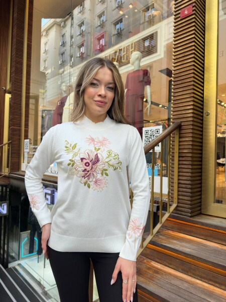 Knitted Sweater Floral Embroidery Ecru - 32088 | KAZEE (3-Piece Set M-L-XL) - 1