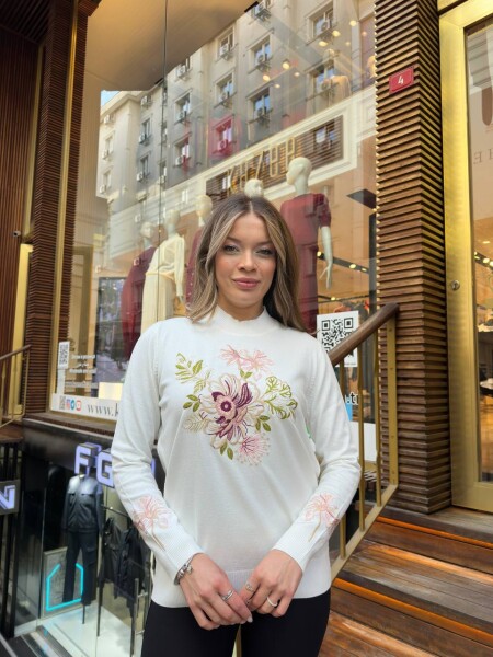 Knitted Sweater Floral Embroidery Ecru - 32088 | KAZEE (3-Piece Set M-L-XL) - 2