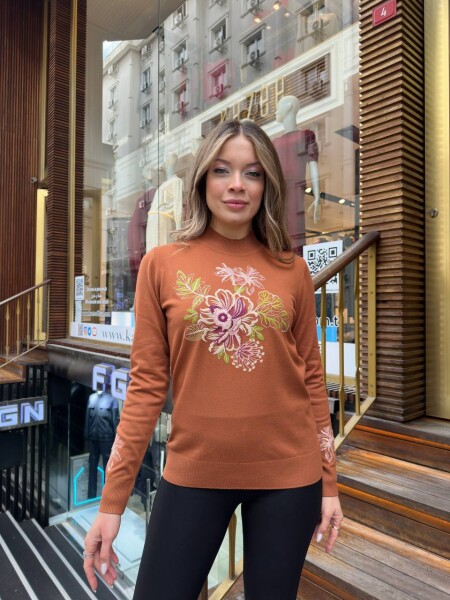 Knitted Sweater Floral Embroidery - Tan - 32088 | KAZEE (3-Piece Set M-L-XL) - 2