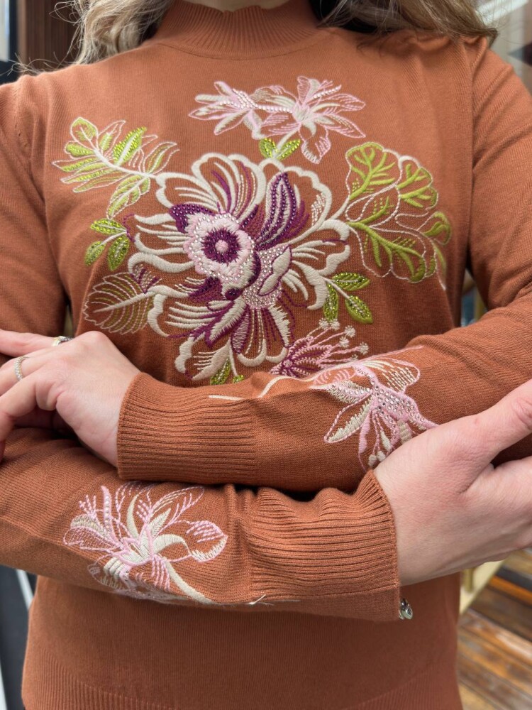 Knitted Sweater Floral Embroidery - Tan - 32088 | KAZEE (3-Piece Set M-L-XL) - 5