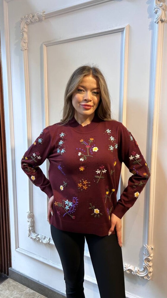 Knitted Sweater Floral Pattern, Burgundy - 32168 | KAZEE (3-Piece Set L-XL-2XL) - 1