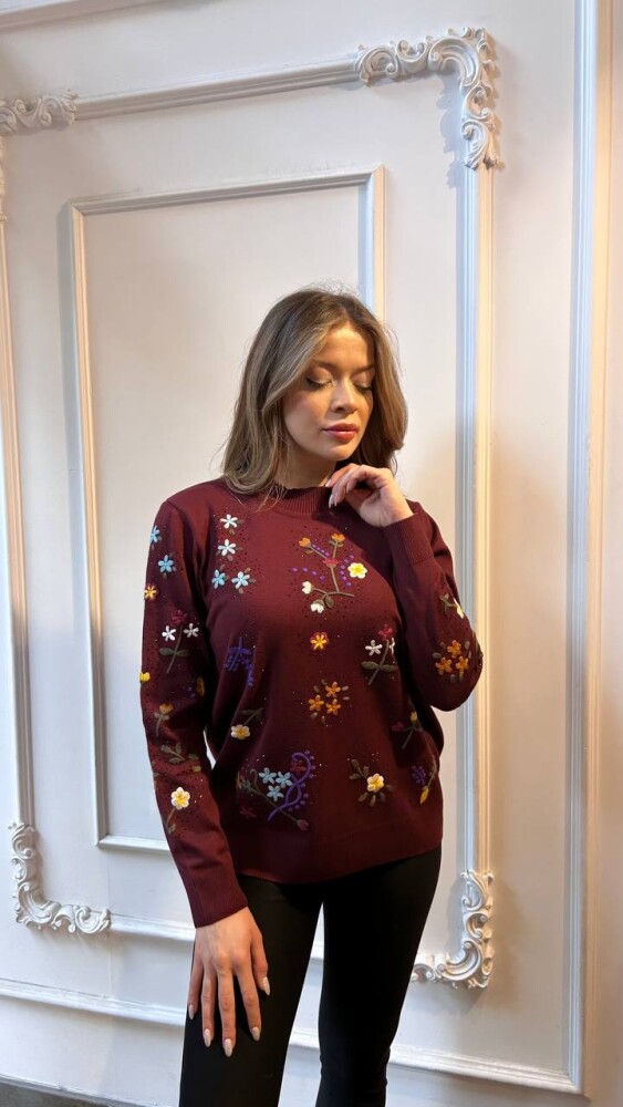 Knitted Sweater Floral Pattern, Burgundy - 32168 | KAZEE (3-Piece Set L-XL-2XL) - 3