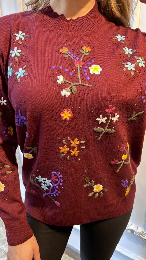 Knitted Sweater Floral Pattern, Burgundy - 32168 | KAZEE (3-Piece Set L-XL-2XL) - 4