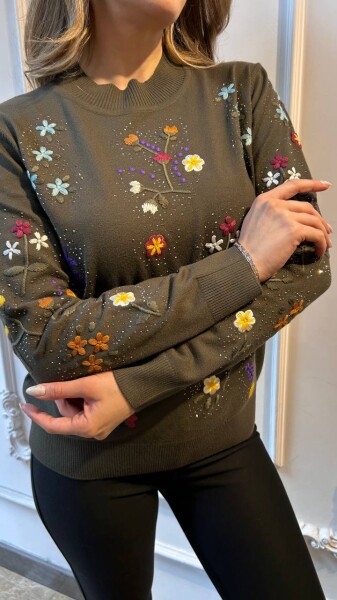 Knitted Sweater - Floral Pattern Khaki - 32168 | KAZEE (3-Piece Set L-XL-2XL) - 3