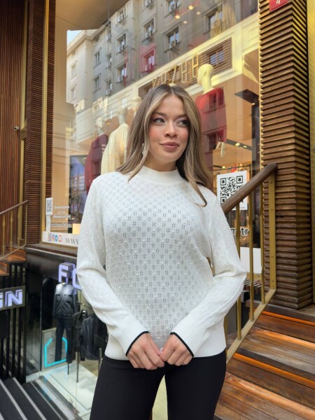 Knitted Sweater Stand-Up Collar, Ecru - 32101 | KAZEE (3-Piece Set M-L-XL) 