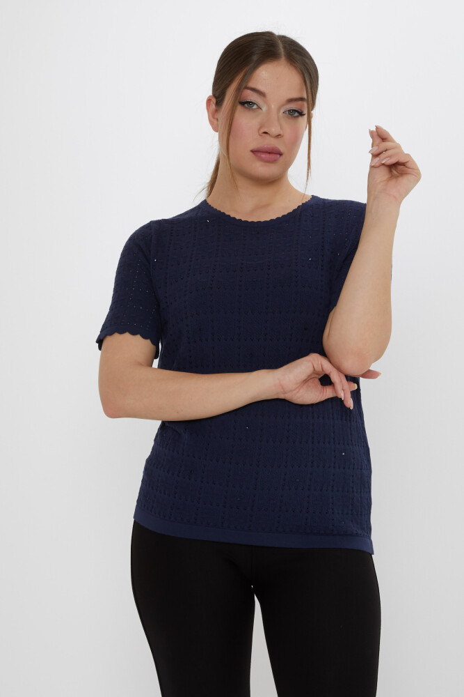Knitted Sweater - Openwork - Navy Blue - 31822 | KAZEE (3-Piece Set L-XL-2XL) - 1