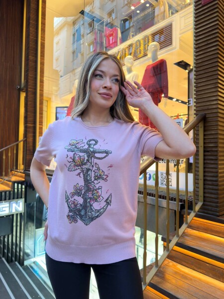 Knitted Sweater Patterned Embroidered Powder Pink - 31678 | KAZEE (3-Piece Set M-L-XL) - 3