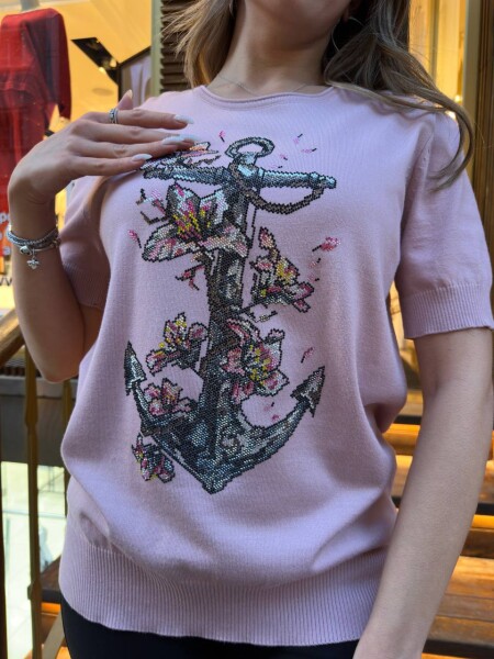 Knitted Sweater Patterned Embroidered Powder Pink - 31678 | KAZEE (3-Piece Set M-L-XL) - 5