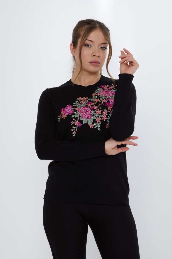 Knitted Sweater Rose Embroidered Black - 31377 | KAZEE (Set of 3 L-XL-2XL) - 1