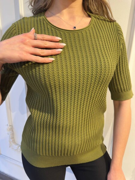 Knitted Sweater - Short Sleeve Green - 32062 | KAZEE (3-Piece Set M-L-XL) - 5