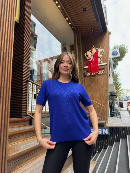 Knitted Sweater Short Sleeve Navy Blue - 31875 | KAZEE (3-Piece Set L-XL-2XL) - KAZEE