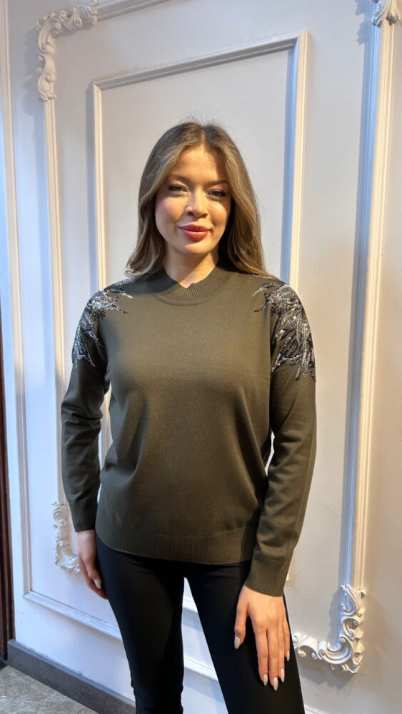 Knitted Sweater Shoulder Detail, Khaki - 3221 | KAZEE (3-Piece Set XL-2XL-3XL) - 1