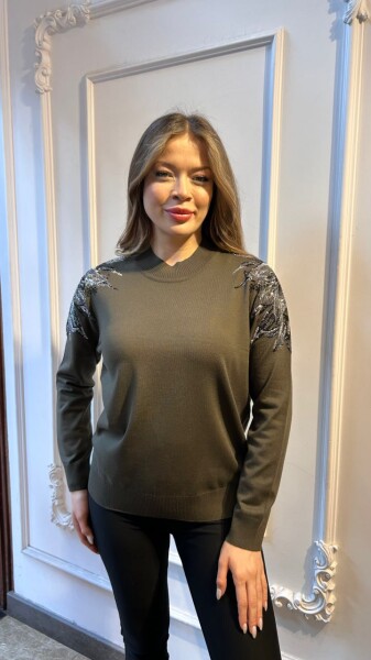 Knitted Sweater Shoulder Detail, Khaki - 3221 | KAZEE (3-Piece Set XL-2XL-3XL) - 1