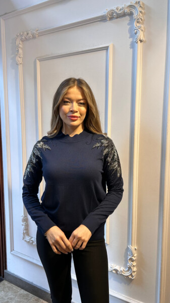 Knitted Sweater Navy Blue with Shoulder Detail - 3221 | KAZEE (3-Piece Set XL-2XL-3XL) 