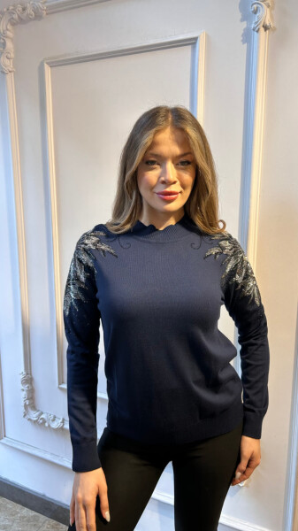 Knitted Sweater Navy Blue with Shoulder Detail - 3221 | KAZEE (3-Piece Set XL-2XL-3XL) - 2