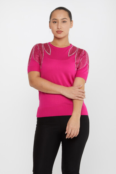 Knitted Sweater Shoulder Stone Embroidered Fuchsia - 30792 | KAZEE (Set of 4 M-L-XL-2XL) - 2