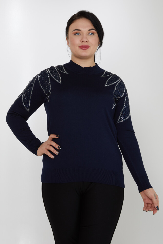 Knitted Sweater Shoulder Stone Embroidered Navy Blue - 31601 | KAZEE (Set of 3 M-L-XL) - 1