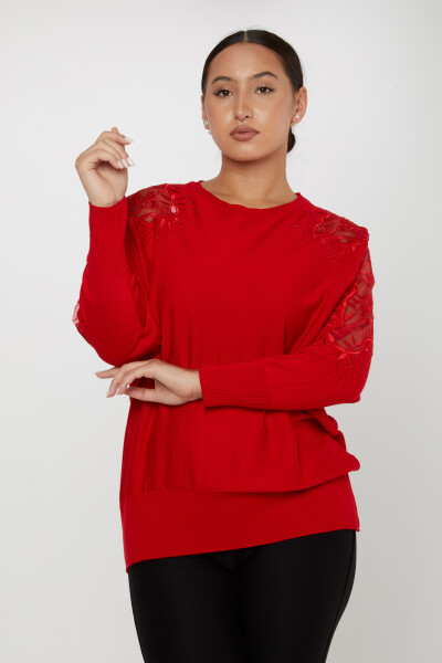 Knitted Sweater Shoulder Tulle Patterned Red - 30767 | KAZEE (Set of 4 L-XL-2XL-3XL) 