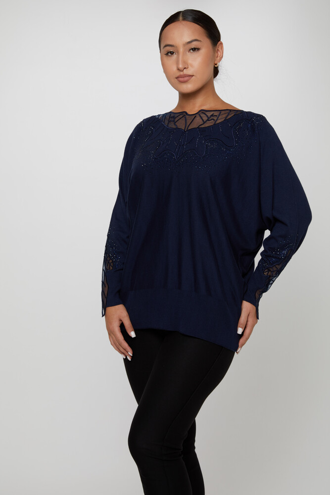 Knitted Sweater Stone Embroidered Navy Blue - 31227 | KAZEE (Set of 3 L-XL-2XL) - 1