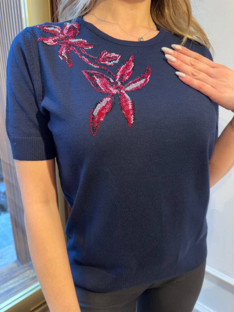 Knitted Sweater Stone Embellished - Navy Blue - 31051 | KAZEE (3-Piece Set S-M-L) - 4