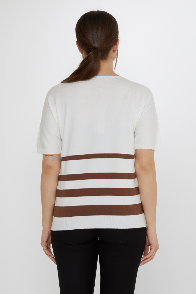 Knitted Sweater - Striped Detail - Ecru-Brown - 31176 | KAZEE (3-Piece Set M-L-XL) - 5