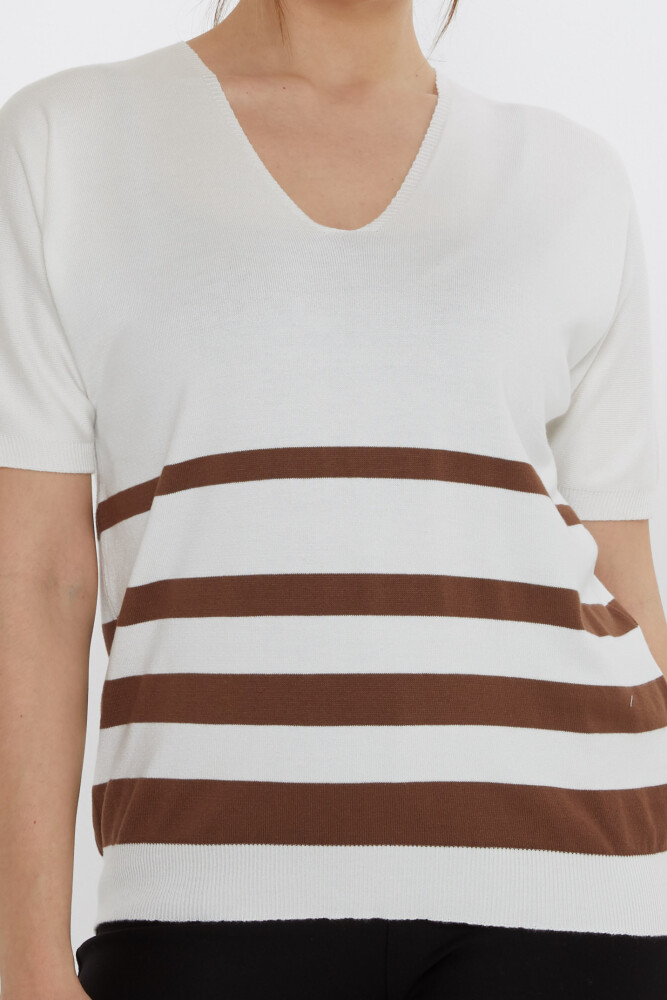 Knitted Sweater - Striped Detail - Ecru-Brown - 31176 | KAZEE (3-Piece Set M-L-XL) - 3