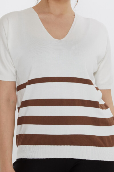 Knitted Sweater - Striped Detail - Ecru-Brown - 31176 | KAZEE (3-Piece Set M-L-XL) - 3