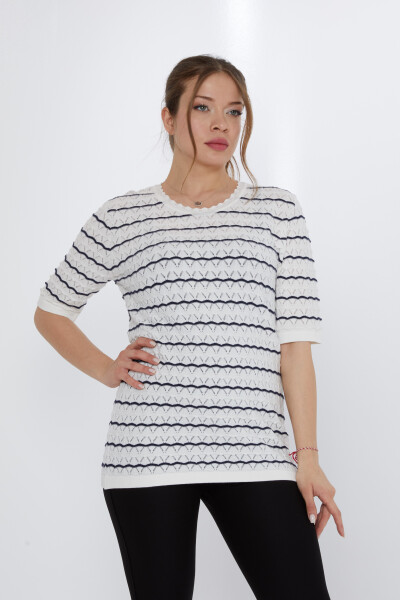 Knitted Sweater Striped Detail Ecru-Navy Blue - 31778 | KAZEE (Set of 3 M-L-XL) 
