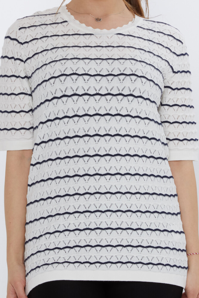 Knitted Sweater Striped Detail Ecru-Navy Blue - 31778 | KAZEE (Set of 3 M-L-XL) - 3