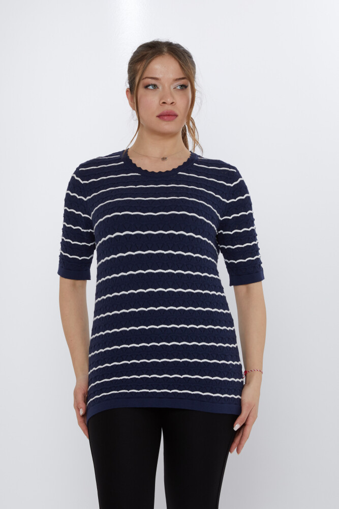 Knitted Sweater Striped Detail Navy Blue-Ecru - 31778 | KAZEE (Set of 3 M-L-XL) - 2